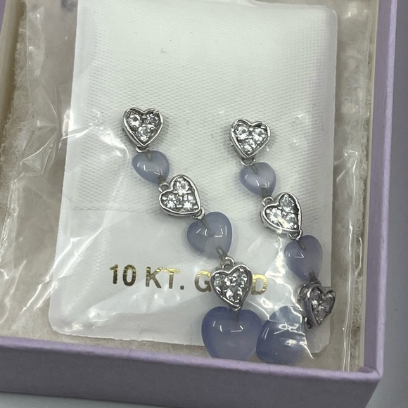 Vintage 10K White Gold Blue Chalcedony and White Topaz Heart Drop Earrings 1999 - Picture 11 of 13